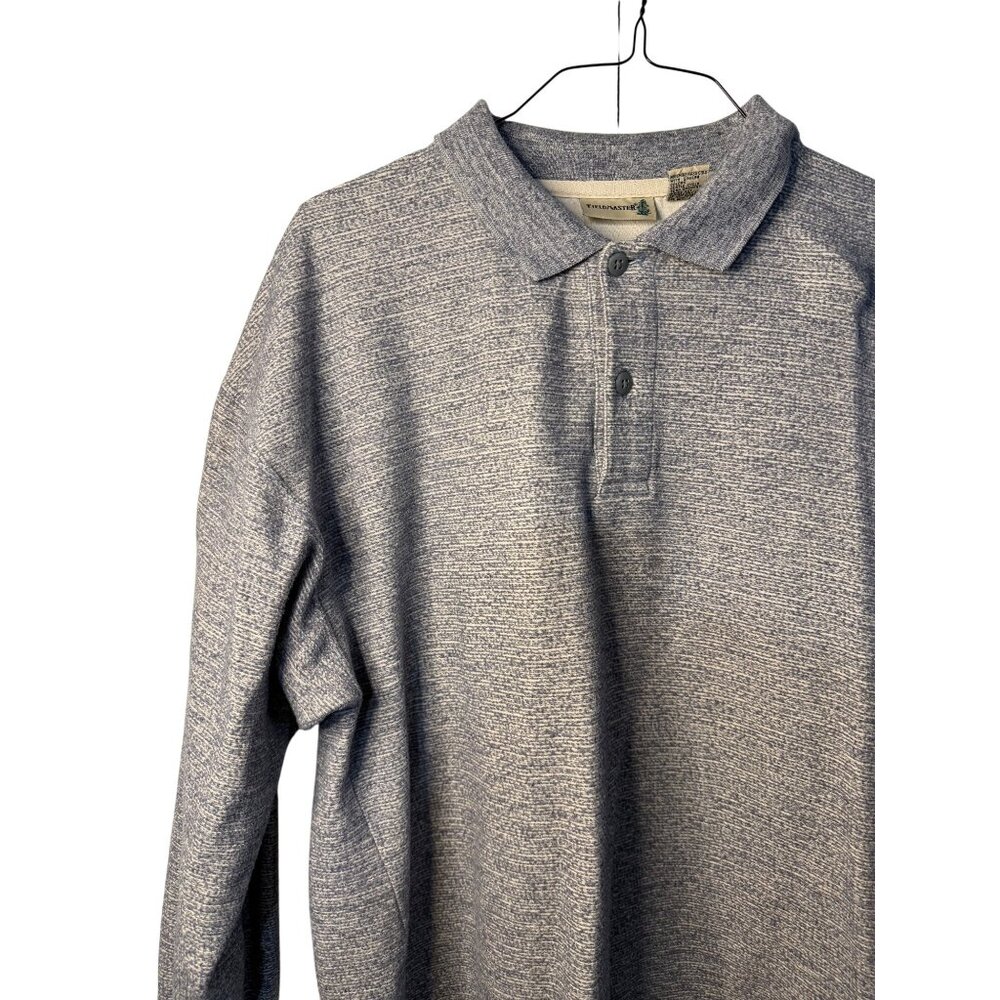 VTG Fieldmaster Men Large Long Sleeve Polo Shirt Blue White Heathered Knit Retro